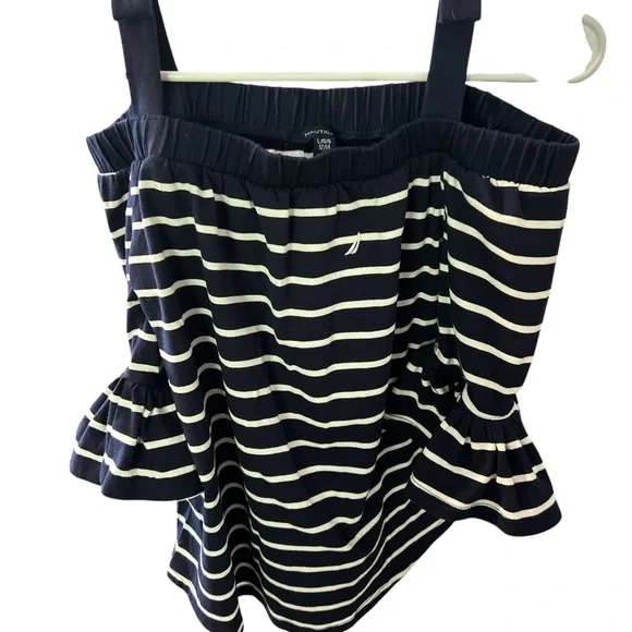 Nautica Navy and White Striped Off-Shoulder Top PTP 15 L 22 - Picture 1 of 2